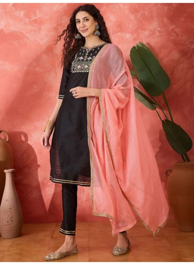 AKS Black Silk Kurta Set With Contrast Dupatta