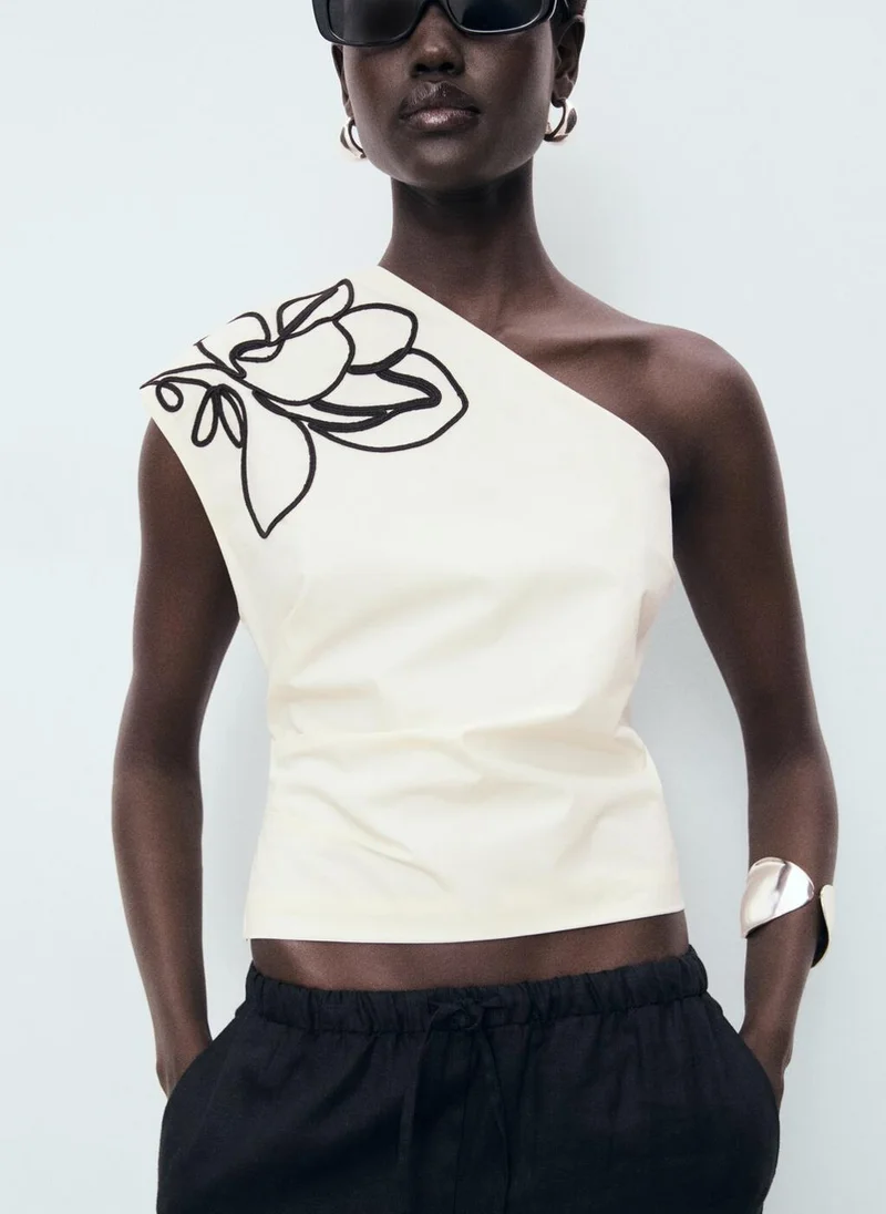 MANGO Asymmetrical Flower-Embroidered Top