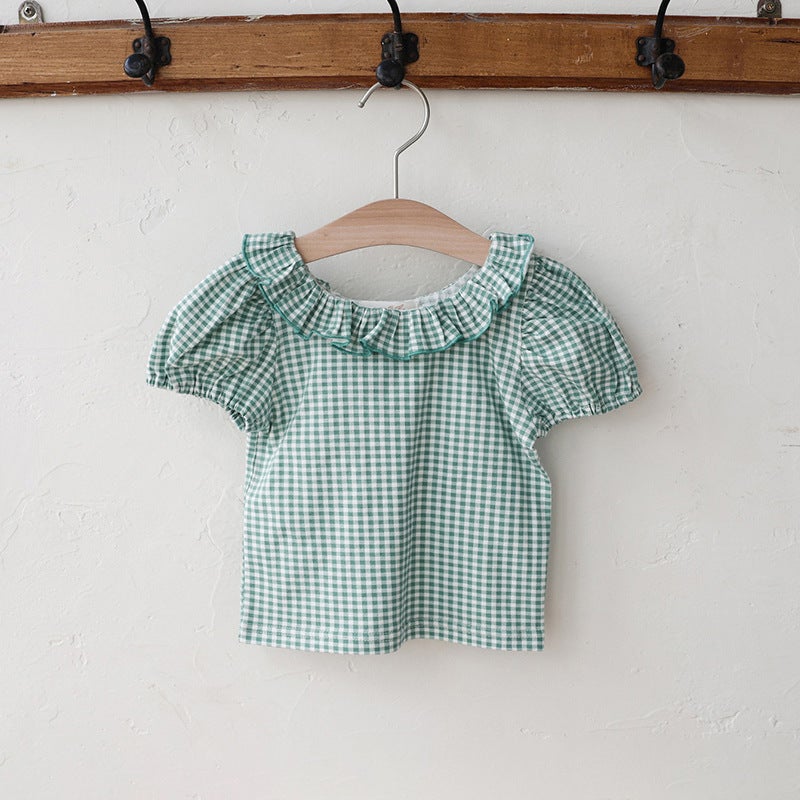 2025 Summer Strawberry Shan Korean Children Girls Girls Sweet Lady Plaid Round Neck Short Sleeve T-Shirt - Image 1