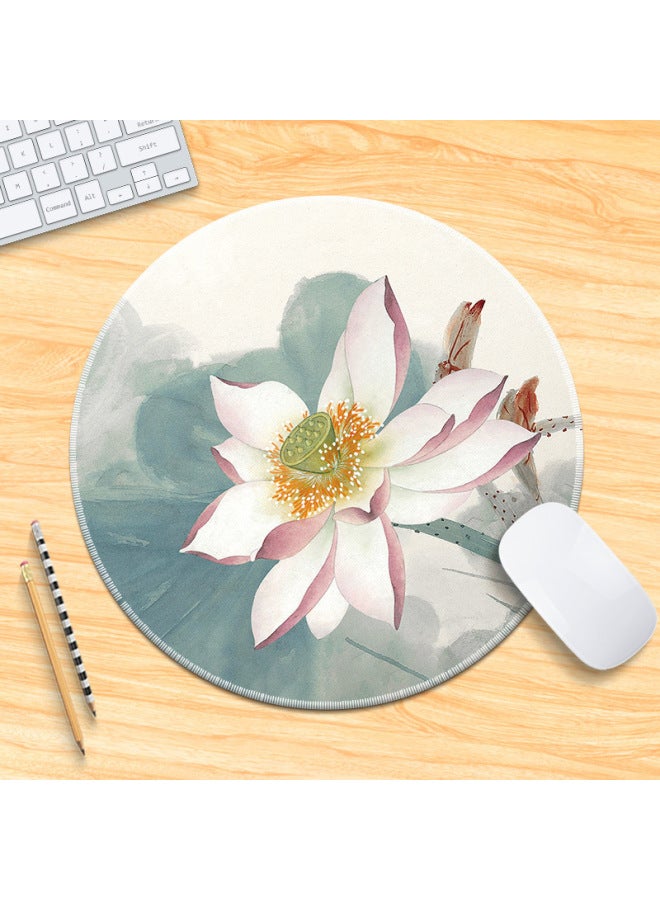 National Tide Lotus Small Size Mouse Pad Chinese Style Brush Painting Office Desk Mat Lock Edge Thickened Round Simple Flower And Bird For Men 
