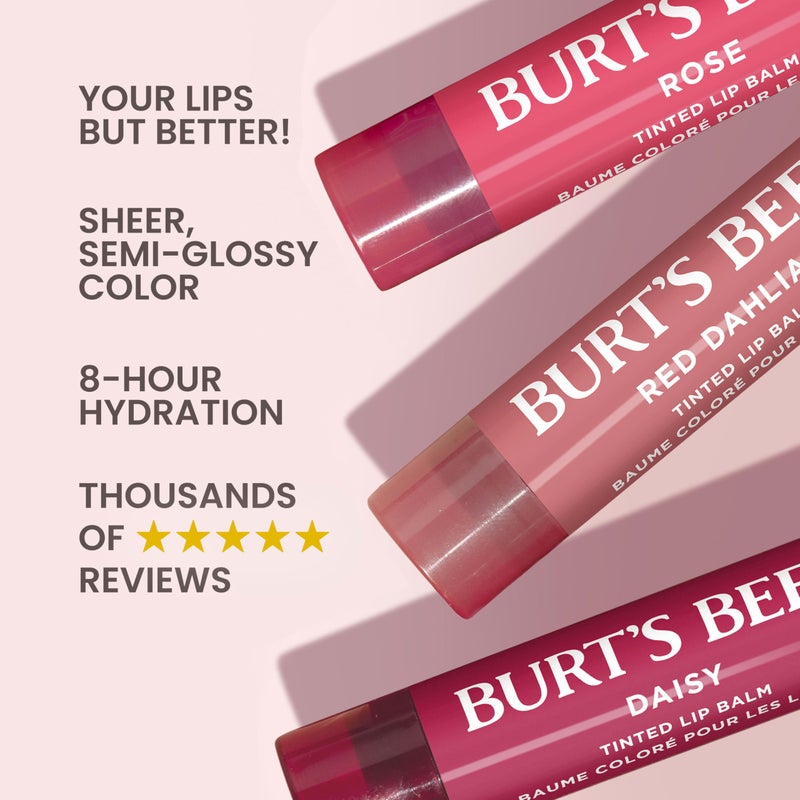 Burt's Bees Burtâ€™s Bees Tinted Lip Balm Value Pack Includes 3 Lip Balms: Red Dahlia, Daisy and Rose; 8 Hour Moisture; Provides a Hint of Color; Nourishing Shea Butter; 100% Natural Origin; 3 Tubes; 3x0.15 Oz. - Image 3