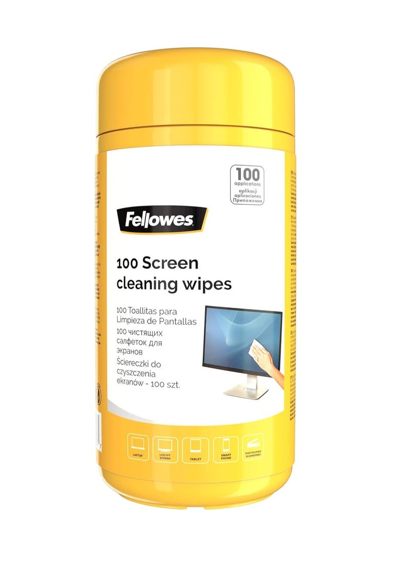 Fellowes - Fellowes 100 Screen Wipes Tub for Home and Office - Monitor/Laptop/iPad/Mobile Phone/Tablet Cleaning Wipes, 100 Screen Wipes - Single Pack, Wet cloths - Multi - Image 1
