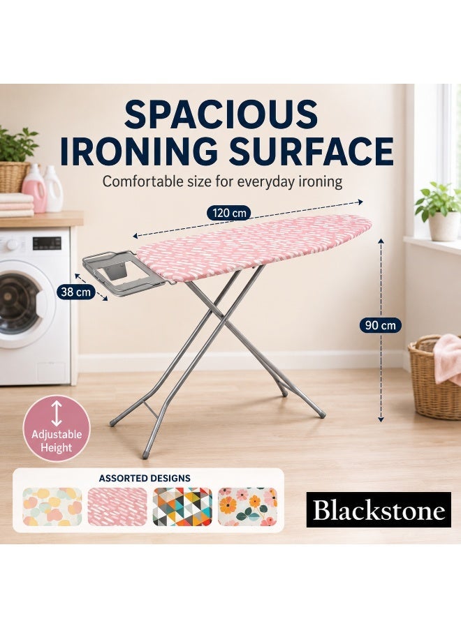 BLACKSTONE Adjustable Ironing Board 120 x 38 cm, Mesh Top with 100% Cotton Cover, Foldable Height Adjustable Ironing Table with Iron Rest, Anti-Slip Feet, Assorted Colors - Image 5
