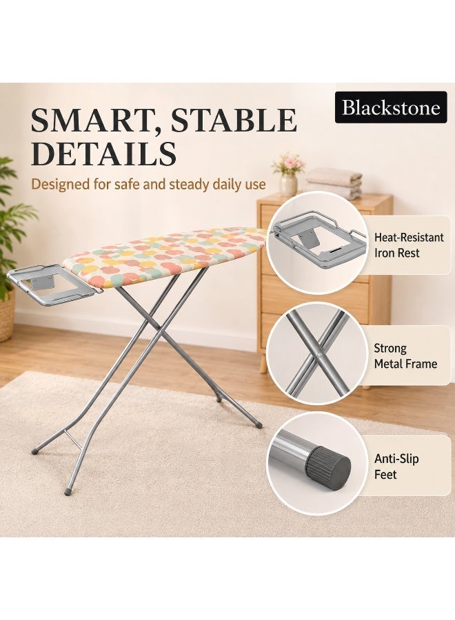 BLACKSTONE Adjustable Ironing Board 120 x 38 cm, Mesh Top with 100% Cotton Cover, Foldable Height Adjustable Ironing Table with Iron Rest, Anti-Slip Feet, Assorted Colors - Image 2