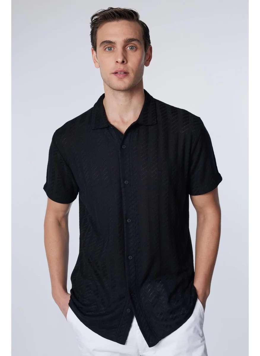 Tudors Slim Fit Slim Fit Short Sleeve Breathable Knitted Texture Dobby Patterned Summer Black Men's Shirt