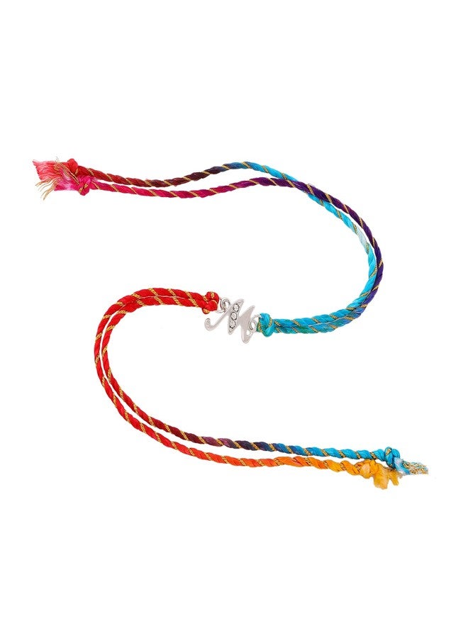 Estele Men's Rhodium Plated Artistic M Initials Bracelet With Austrian Crystals And Multi Colored Silk Thread. - Image 5