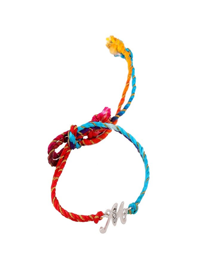 Estele Men's Rhodium Plated Artistic M Initials Bracelet With Austrian Crystals And Multi Colored Silk Thread. - Image 4