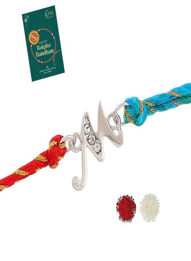 Estele Men's Rhodium Plated Artistic M Initials Bracelet With Austrian Crystals And Multi Colored Silk Thread. - Image 1