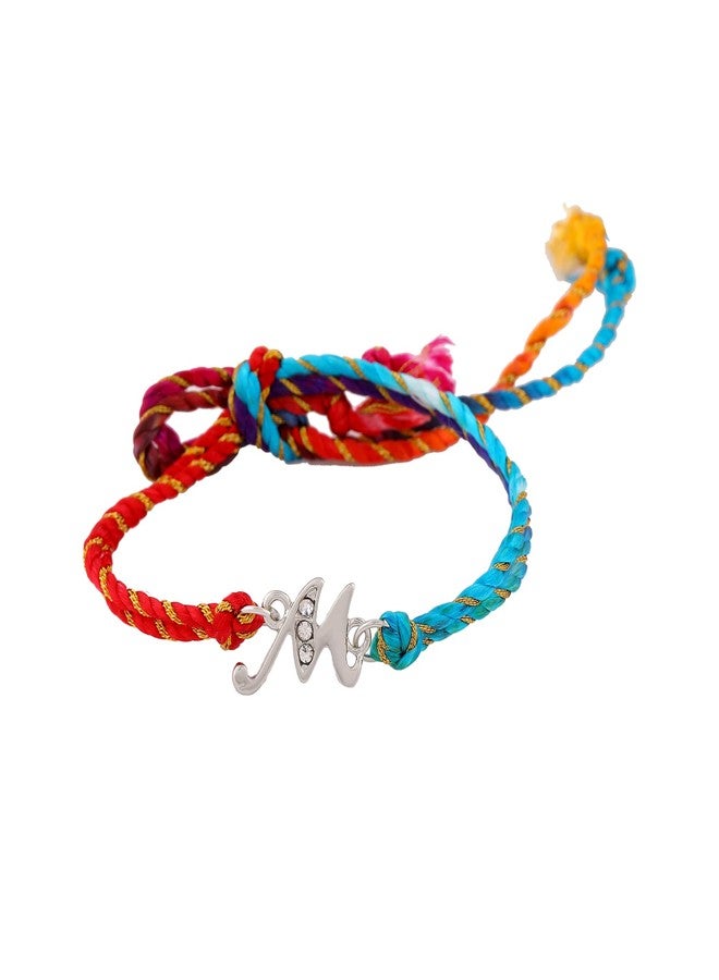 Estele Men's Rhodium Plated Artistic M Initials Bracelet With Austrian Crystals And Multi Colored Silk Thread. - Image 3