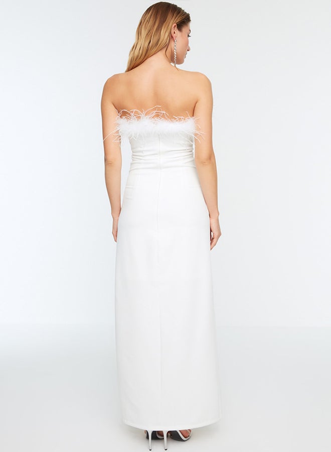 trendyol Bridal Ecru Body-Fitting Lined Otrique Woven Wedding/Marriage Long Evening Evening Dress TPRSS22AE0095  - Image 5