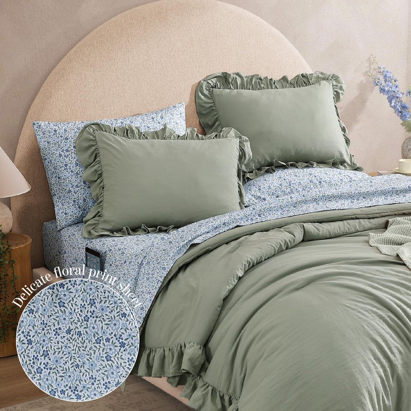 BLOOMHAVEN Full Comforter Set - 7 Pieces Ruffle Sage Green Bedding Sets, Shabby Chic Farmhouse Bed in a Bag Full with Ruffle Comforter, Floral Sheets, Pillowcases & Shams - Image 2