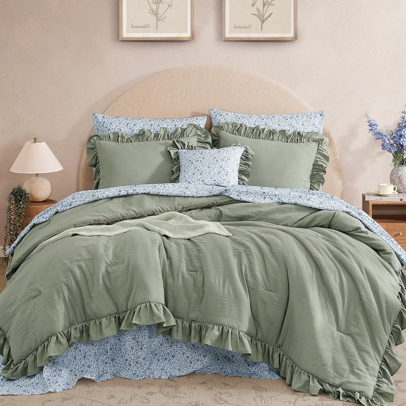 BLOOMHAVEN Full Comforter Set - 7 Pieces Ruffle Sage Green Bedding Sets, Shabby Chic Farmhouse Bed in a Bag Full with Ruffle Comforter, Floral Sheets, Pillowcases & Shams - Image 1