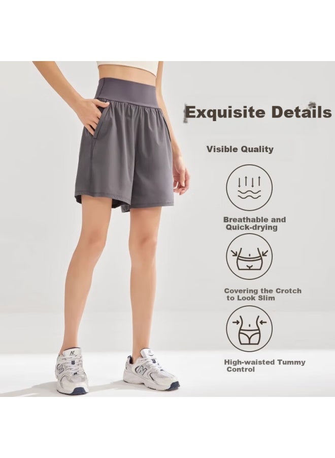 Never Me Women's Sports Shorts High Waist Tummy Control Loose Breathable Quick Dry Running Fitness Boxing Shorts Summer - Image 2