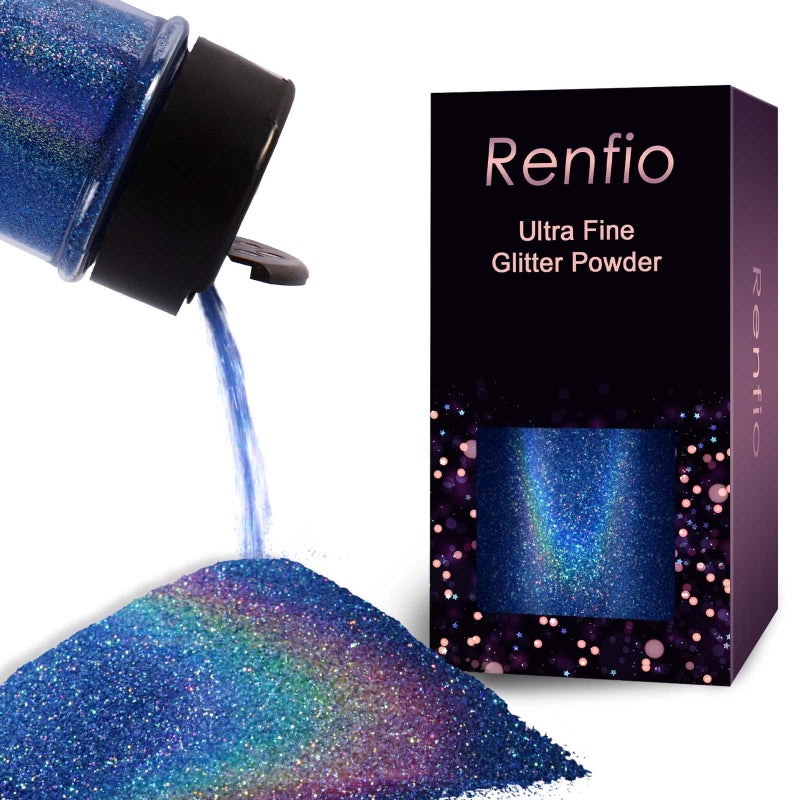 Renfio Holographic Ultra Fine Glitter Powder Metallic Resin Glitter 211 Oz 60g PET Flakes Crafts Sequins 1128 0008 02mm Epoxy Chips Flakes for Tumblers Slime Laser Ocean Blue