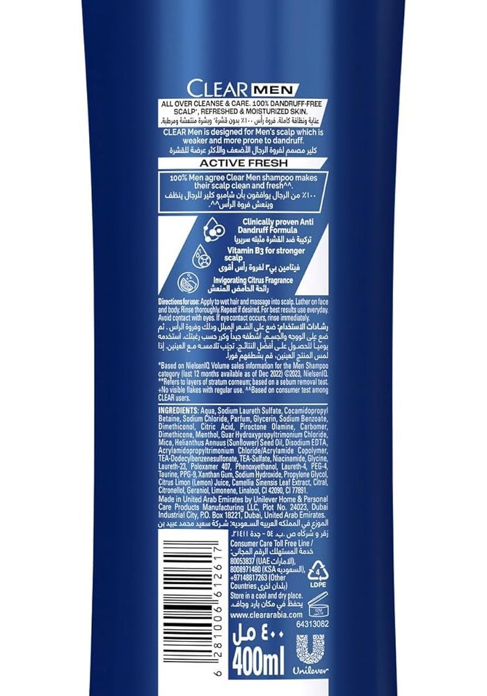 Clear Men 3-in-1 Shampoo, Body & Face Wash - Active Fresh - Image 2