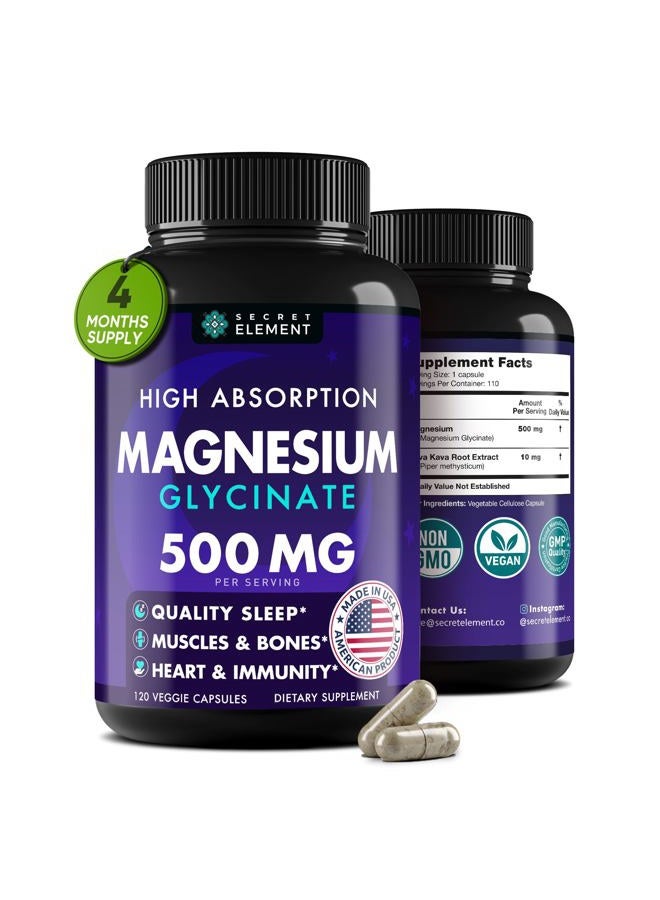 SECRET ELEMENT Magnesium Glycinate 500MG Capsules, Magnesium Supplement for Adults & Kids with Kava Kava, High Absorption, Vegan & Non-GMO, 120 Capsules - Image 1