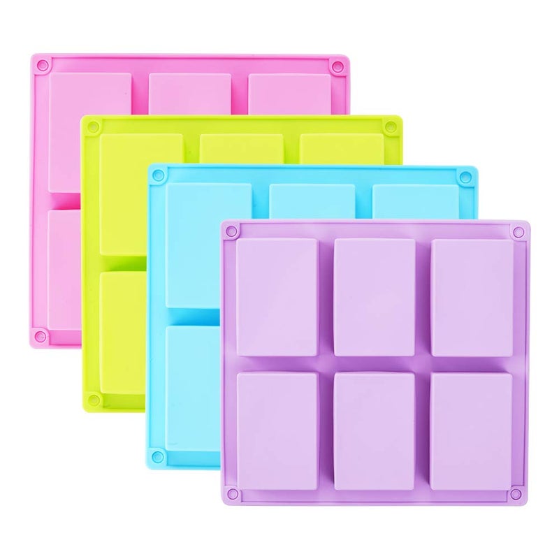TDHDIKE TDHDIKE 4 Pack Rectangle Silicone Soap MoldsBlue  Pink  Green  Purple 6 Cavities Silicone Baking Mold DIY Handmade Soap Making Muffin Loaf Brownie Cornbread and More 