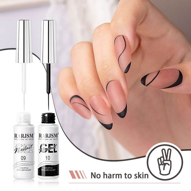 RARJSM Nail Art Gel,Liner Gel Polish,Black White Nail Design Polish Painted GelNailPolish Set 2Pcs Soak off Curing Requires 8ml Build in Thin Brush for Home Salon Diy Nails French Manicure Painting - Image 5