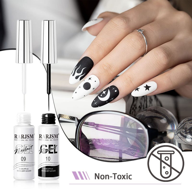 RARJSM Nail Art Gel,Liner Gel Polish,Black White Nail Design Polish Painted GelNailPolish Set 2Pcs Soak off Curing Requires 8ml Build in Thin Brush for Home Salon Diy Nails French Manicure Painting - Image 3