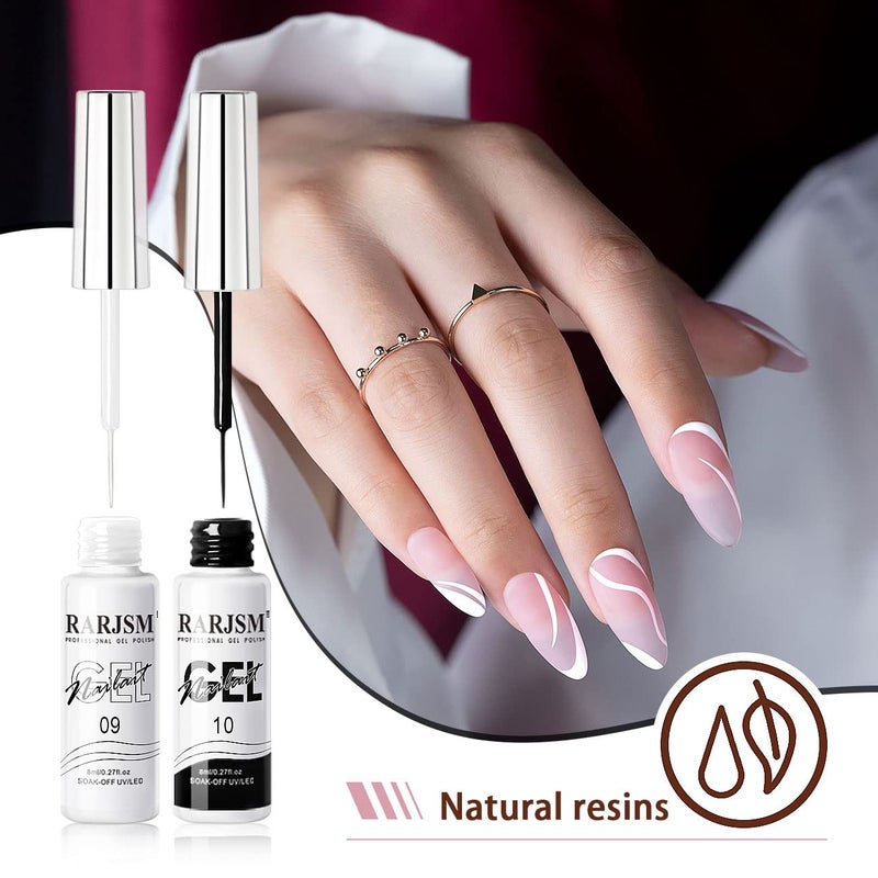 RARJSM Nail Art Gel,Liner Gel Polish,Black White Nail Design Polish Painted GelNailPolish Set 2Pcs Soak off Curing Requires 8ml Build in Thin Brush for Home Salon Diy Nails French Manicure Painting - Image 4