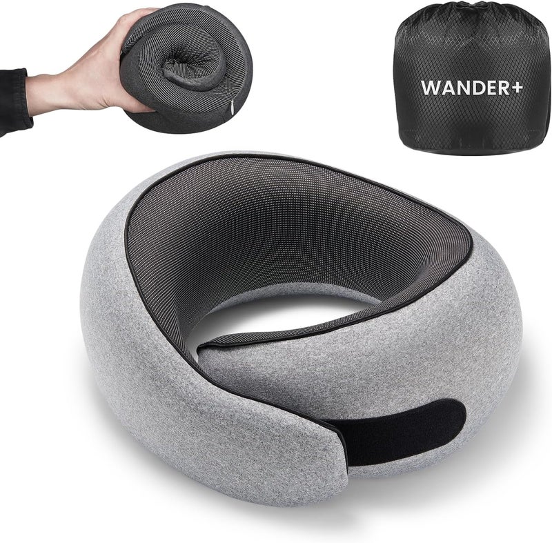 WANDER PLUS ® Travel Pillow, 100% Pure Memory Foam Travel Neck Pillow Airplane Neck Support Ergonomic Design Best for Sleeping Plane Car Train Office Flight for Adults Grey - Image 1