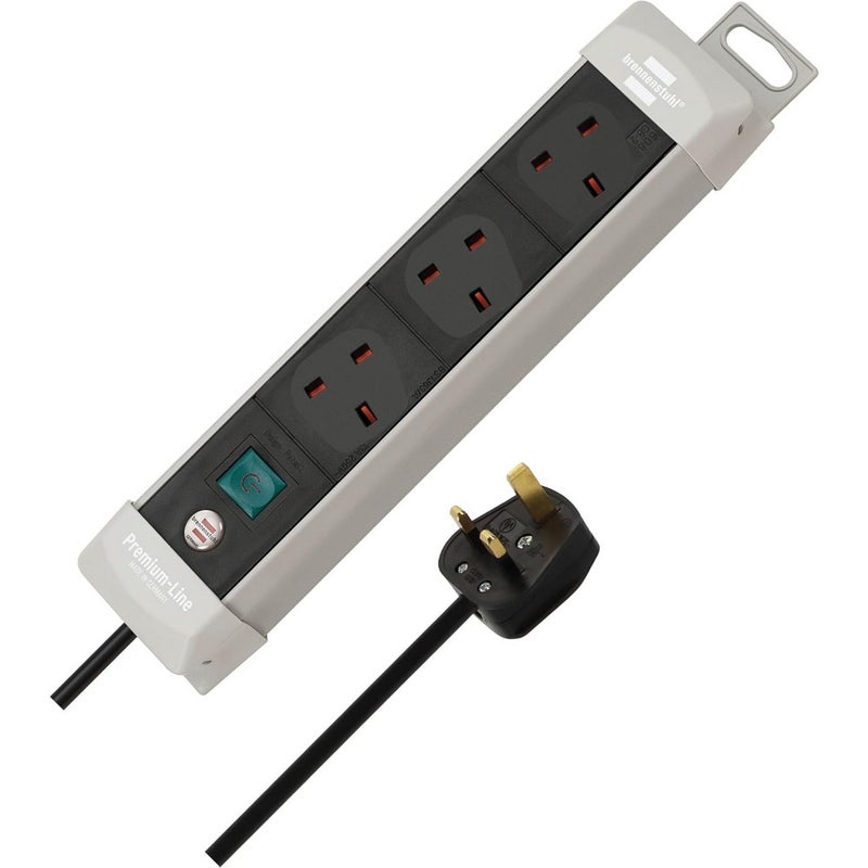 Premium-Line 3-Way Extension Socket 3m Cable with BS Plug and On/Off Switch Home Office Use Light Grey/Black Heavy-Duty PVC Housing - Image 1