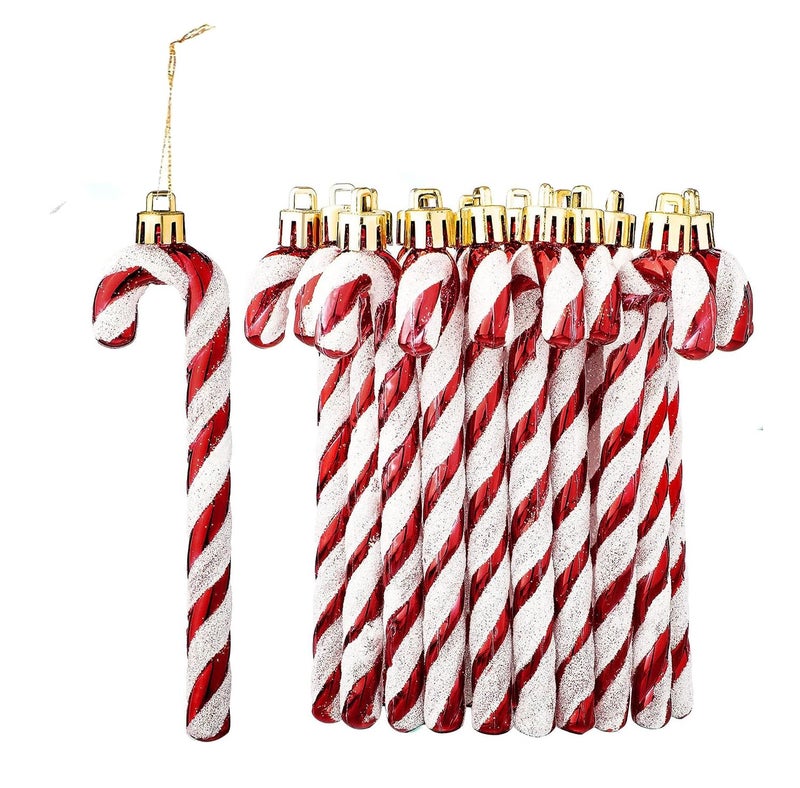 HERZWILD 12Pcs Glitter Candy Cane Christmas Tree Decorations Christmas Plastic Candy Cane Christmas Tree Hanging Pendant Ornament for Holiday Party Decoration Favorhanging red