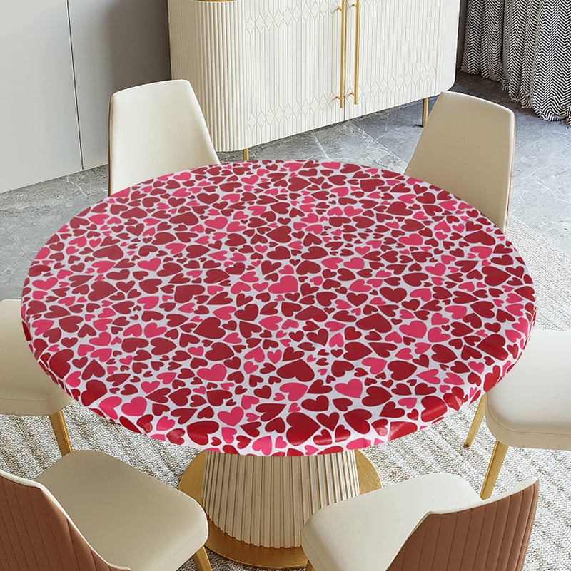 Fitable Valentineâ€™s Day Fitted Table Cover - Waterproof Red/Pink Love Heart Elastic Edged Vinyl Wipeable Table Cloth for Dinner, Wedding Party Tablecloth (Fit for 36"-44" Round Tables) - Image 1