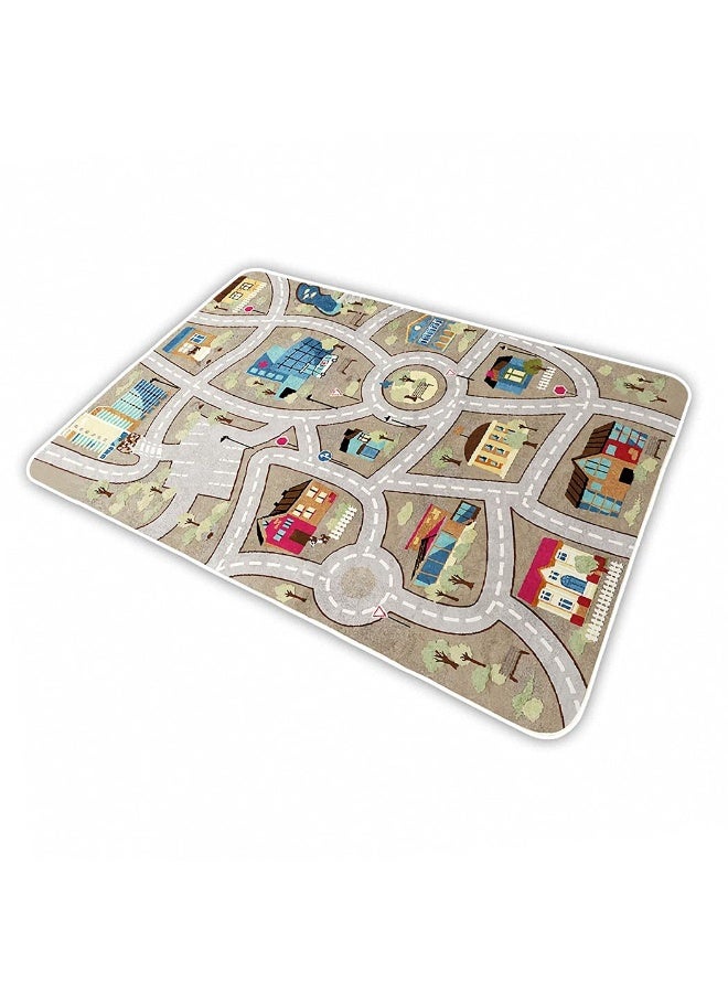 Kids Playmat Rug with Road City Design for Toy Cars & Trains, Non-Slip Crystal Fleece Play Area Carpet 80x120cm - Image 1