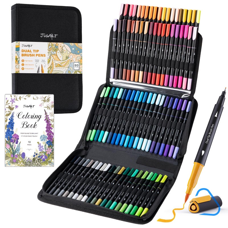 Jusart Markers For Adult Coloring Books No Bleeding  80 Colors Coloring Markers With Dual Tips  Fine & Brush Pens With Ergonomic Triangle Grip & 33% More Ink  Water-Based Art Drawing Set For Adults - Image 1