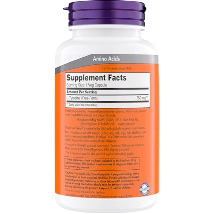 now Supplements, L-Tyrosine 750 mg, Supports Mental Alertness*, Neurotransmitter Support*, 180 Veg Capsules - Image 2
