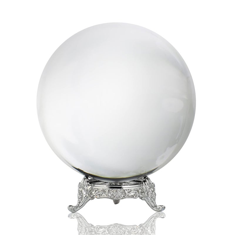 QFkris 100mm39inch Clear Crystal Ball with Metal Stand Fortune Teller Mystical Quartz Ball Photography Props FengShui Divination Spheres Decorative Glass Ball 