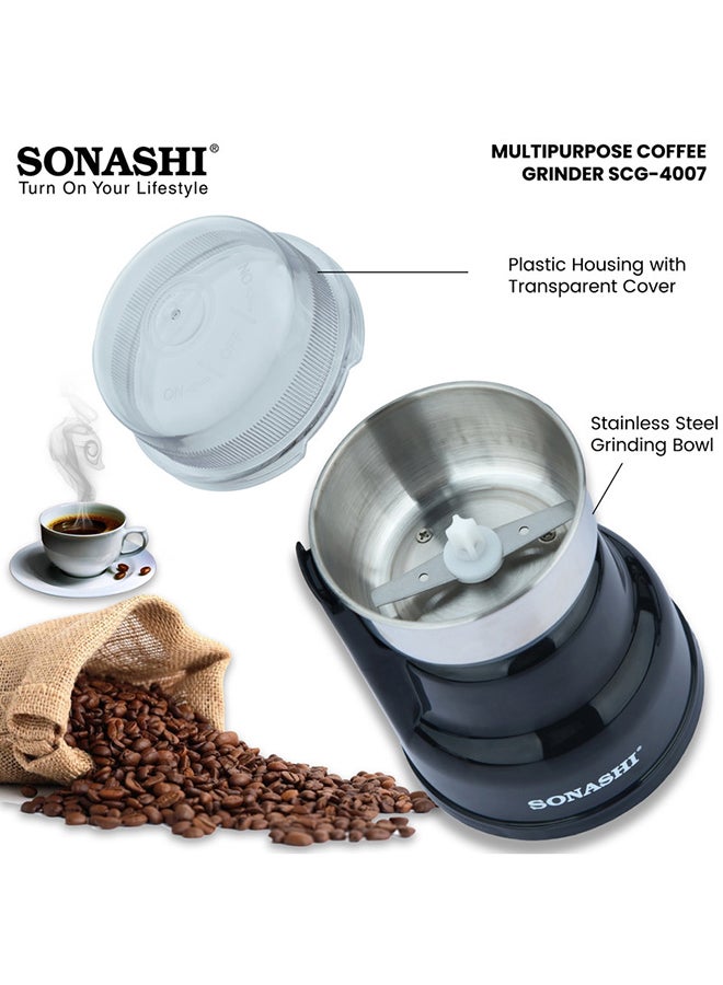 SONASHI Multipurpose Coffee Grinder - 220ML Bowl Capacity | Spice Grinder with Stainless Steel Bowl - Suitable for Spices, Coffee Beans, Nuts, Dried Fruits, Etc | Detachable Design for Easy Cleaning 0.22 L 250 W SCG-4007 Black/Silver - Image 4