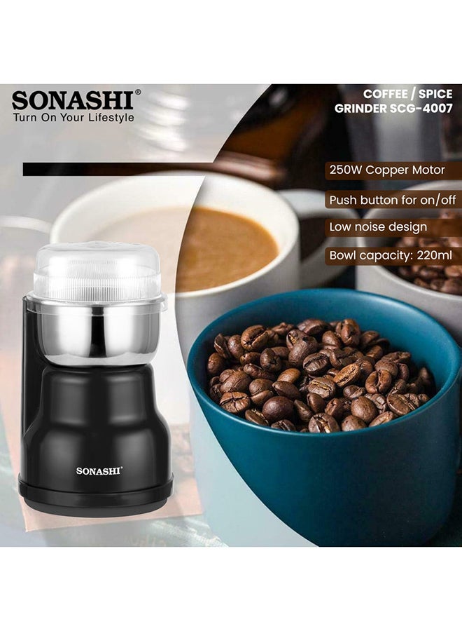 SONASHI Multipurpose Coffee Grinder - 220ML Bowl Capacity | Spice Grinder with Stainless Steel Bowl - Suitable for Spices, Coffee Beans, Nuts, Dried Fruits, Etc | Detachable Design for Easy Cleaning 0.22 L 250 W SCG-4007 Black/Silver - Image 3