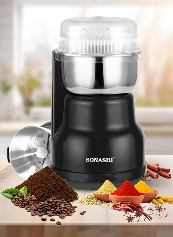 SONASHI Multipurpose Coffee Grinder - 220ML Bowl Capacity | Spice Grinder with Stainless Steel Bowl - Suitable for Spices, Coffee Beans, Nuts, Dried Fruits, Etc | Detachable Design for Easy Cleaning 0.22 L 250 W SCG-4007 Black/Silver - Image 1