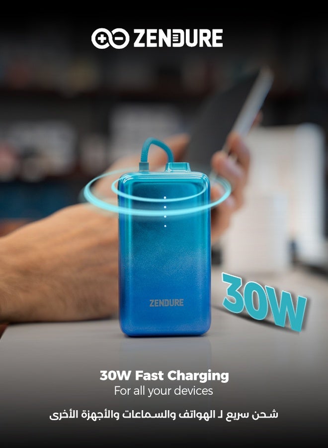 ZENDURE 10000 mAh 10000mAh SuperMini Pro Power Bank | 30W Portable Charger | Built-in Durable Cable | Fast Charging for iPhone & Android | Compact Travel Charger Blue - Image 4