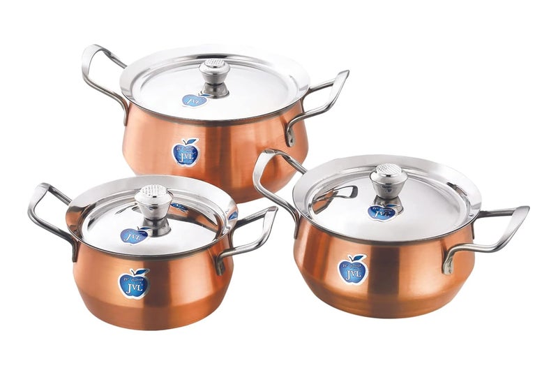 JVL Stainless Steel Full Copper PotHandi with Lid Handle Set 750 1100 1700 ml 3Piece Full Copper Handi Set for Cooking Handi Set for Kitchen Handi for Serving and Cooking JVLCPFC1 - Image 1