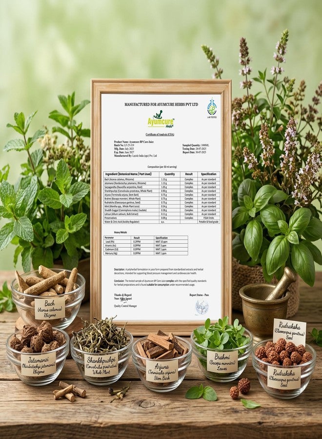 Ayumcure BP CARE Juice | Ayurvedic way to manage High Blood Pressure | Jatamansi, Arjuna, Brahmi, Rudraksha | Helps in BP Levels, Tension and Sleep Quality | For Men & Women | Sugar Free | 1L - Image 3