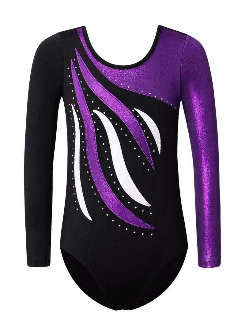 Kids Girls Gymnastics Leotard Glitter Bodysuit Long Sleeve Shiny Rhinestones Decorated Jersey with Shorts Dance Costume