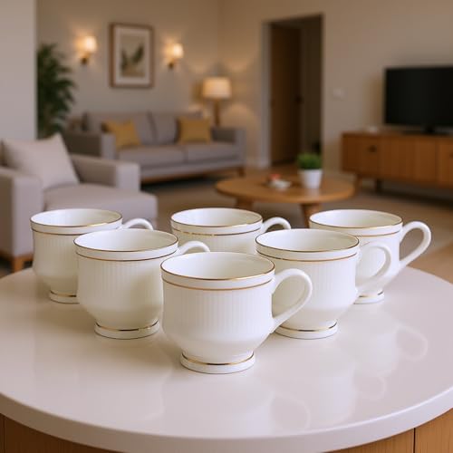SkyKey Fine Ceramic Bone China Gold Line Mona Tea Coffee Cup - 6 Pcs, 160 ML, White - Image 1