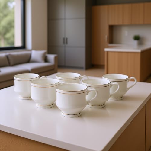 SkyKey Fine Ceramic Bone China Gold Line Mona Tea Coffee Cup - 6 Pcs, 160 ML, White - Image 2