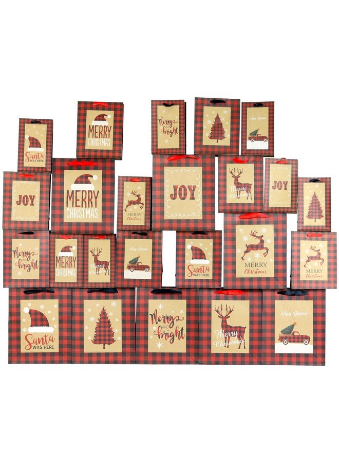 Iconikal Red Buffalo Plaid Gift Bags - Pack Of 24 In 3 Sizes - Ideal For Festive Gifting  - Image 1
