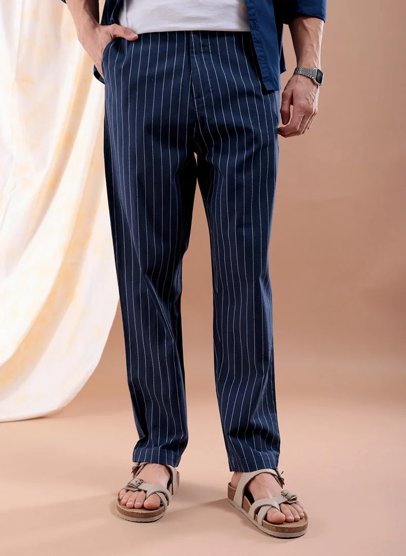 ذا انديان كراج كو Men Relaxed Cropped Vertical Striped Mid-Rise Trousers