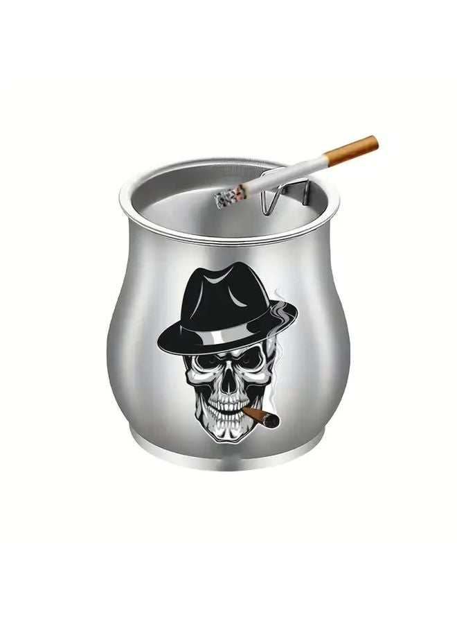 Steel Color Skull Pattern Ashtray With Lid Trendy Creative Funnel Design Windproof - Image 1