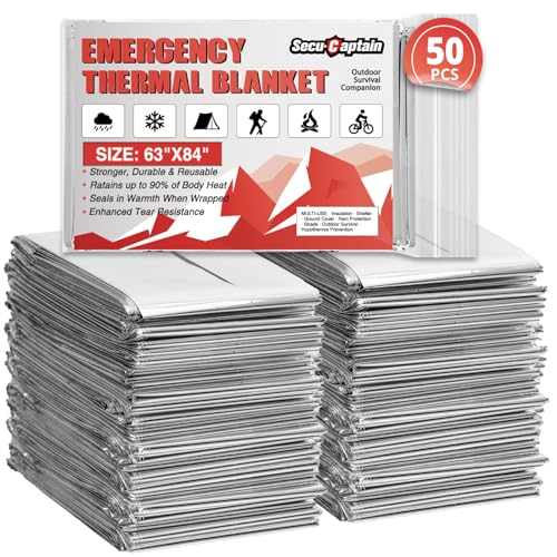 SecuCaptain Survival Emergency Thermal Blankets: 50 Pack Extra Large 84” x63” Space Mylar Blanket Kit for Outdoor Cold Winter Camping Hiking Car Bug Out Bag or First Aid - Image 1