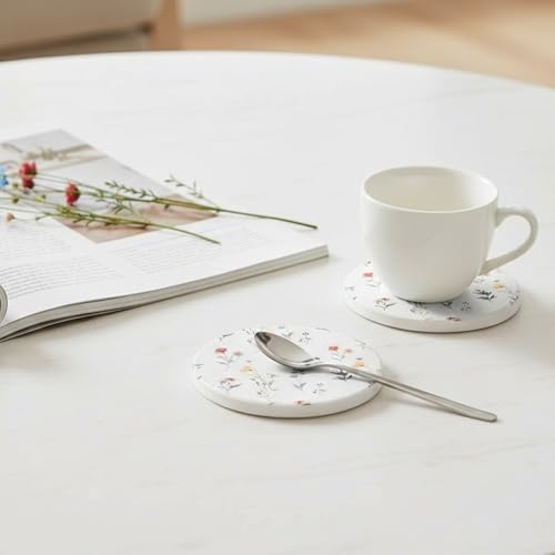 ilohaus Colorful Stone Marble Coasters Set of 6, Cute Moisture Absorbing Coaster, Coffee Table Decor, Ceramic Absorbent Drink Coasters (Flowers Floral Design) - Image 5