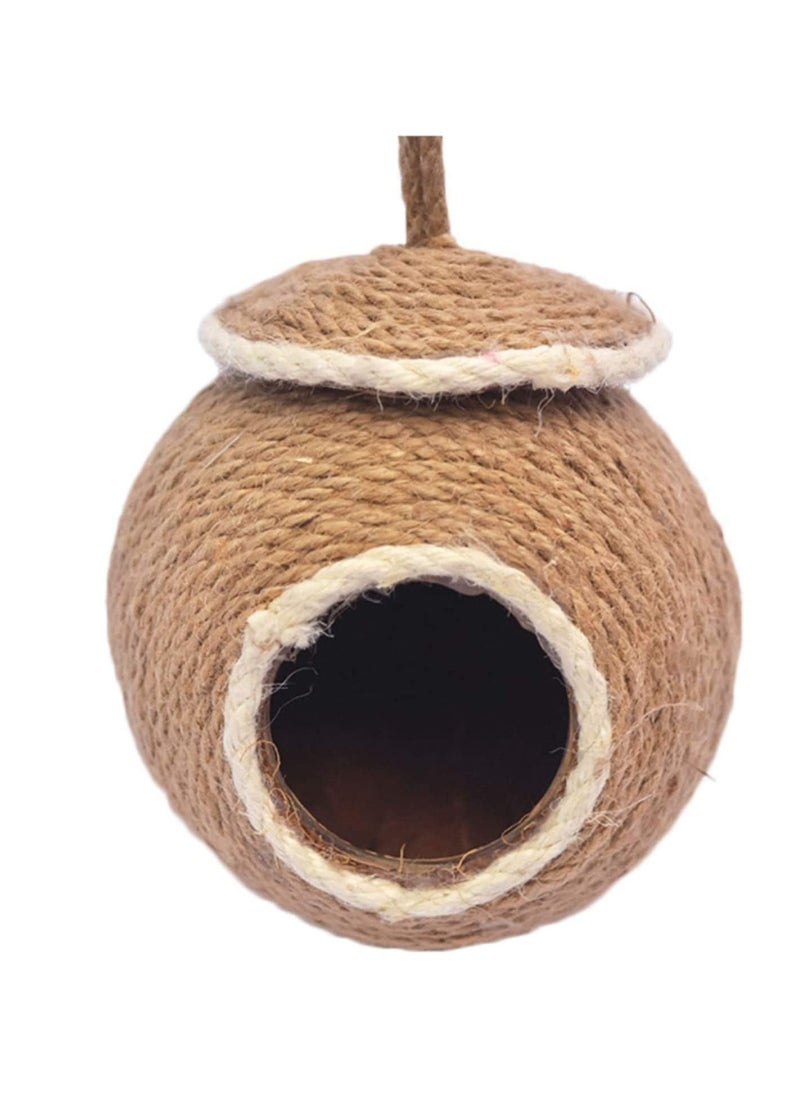 Birds Nest of Natural Coconut Shell Feeder Parrot House Parakeet Bird Breeding Nest Rope Weave for Budgie co c katiel Conure Finch Lovebird Hamsters and Small Squirrels Cage Nesting Box