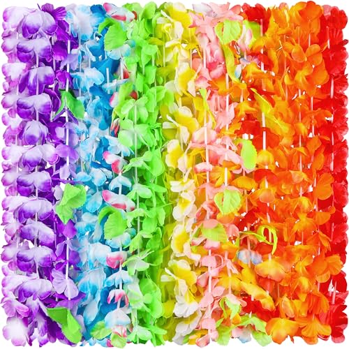 Fovths 150 Pieces Hawaiian Leis Necklace Colorful Tropical Flower Garland Hawaiian Leis Bulk Thickened Hawaiian Flower Wreaths for Hawaiian Themed Party Beach Luau Party Supplies - Image 1