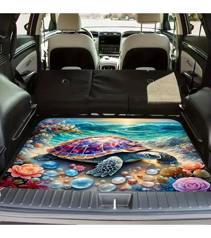 1pc Vibrant Sea Turtle And Shell Print Polyester Car Trunk Mat Soft Dustproof Durable Non Slip Machine Washable Suv Cargo Liner With Ocean Waves Floral Design Easy To Clean Interior Mat - Image 1