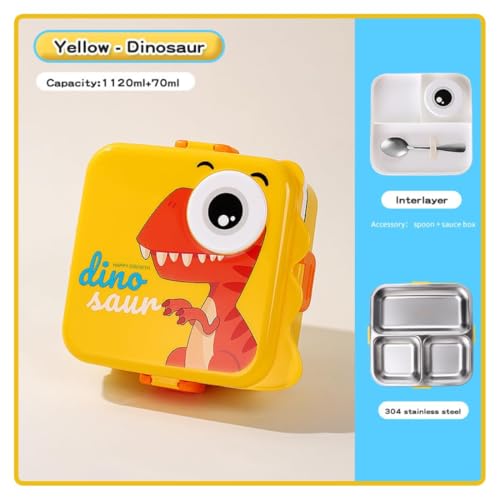 Wosta Lunch Box, Cartoon Lunch Box with Leak Proof Lid and Reusable Steel Spoon & Sauce Containers Ideal for Men, Women’s and Kids School, Office and Travel. (Yellow - Dinosaur Design) - Image 2